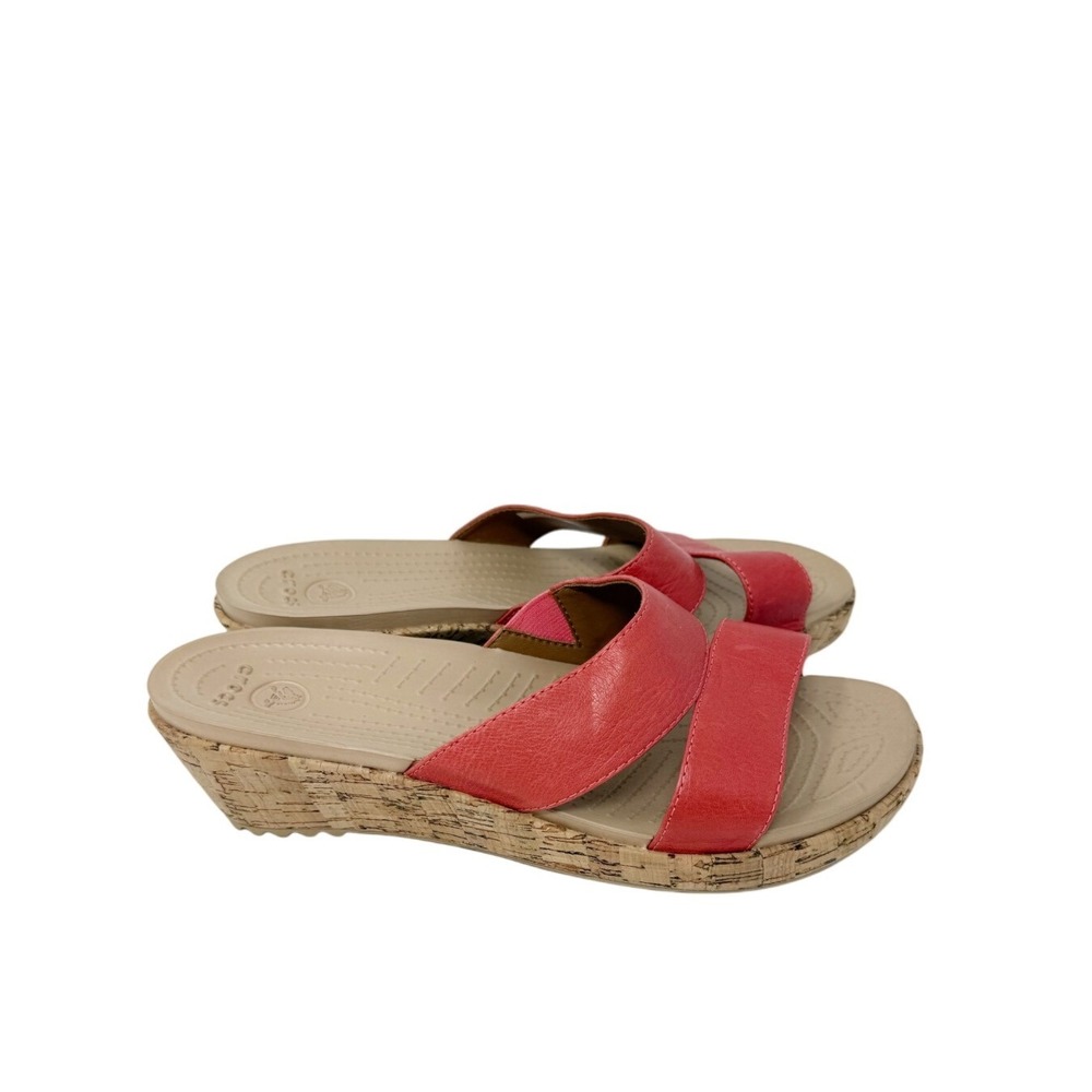 Crocs Womens A-Leigh Leather Mini Wedge Double Strap Sandal Orange 8 - Picture 3 of 13